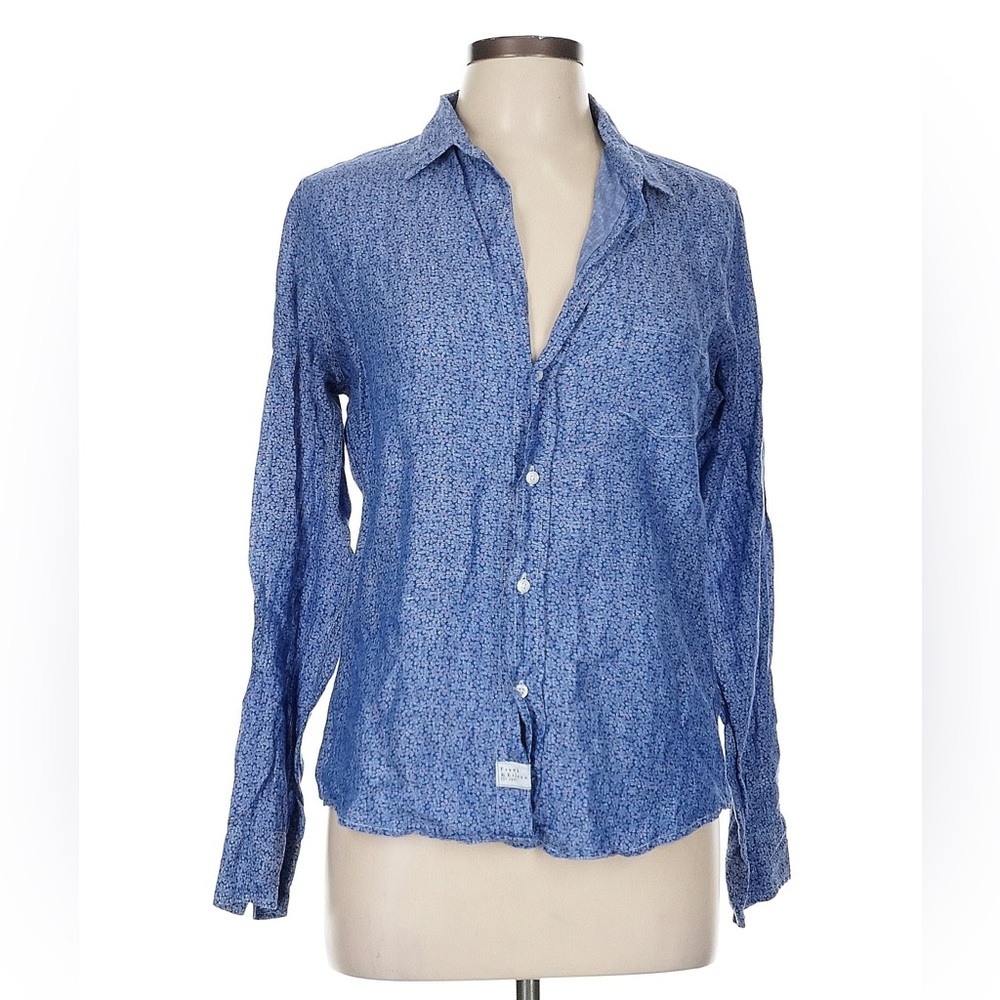 Frank & Eileen Blue Floral Linen Button Front Shirt Blouse Barry style Size M